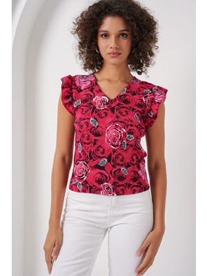 Hiccup Kadın BDART Nakışlı Dokulu Yuvarlak Yakalı Bluz Kırmızı