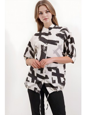 Hiccup Kadın BDART Cep Detaylı, Abstrakt Desenli Rahat Kesim Gömlek Siyah