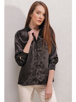 Hiccup Kadın BDART Düğmeli Uzun Kollu Saten Gömlek Siyah