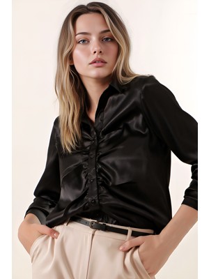 Hiccup Kadın BDART Astarlı Kıvrık Düğmeli Saten Gömlek Siyah
