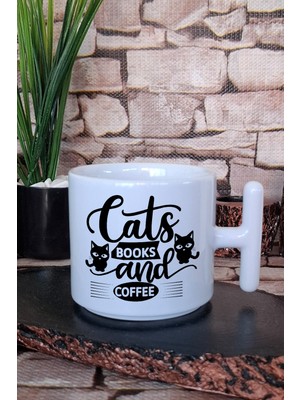 Cats Books And Coffee Temalı Kedi Kitap Kahve Hediyelik Baskılı T Kulplu Latte Fincanı Kupa Bardak