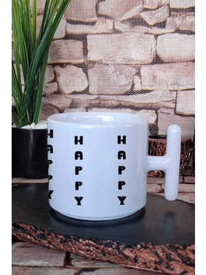 Happy Baskılı T Kulplu Latte Fincanı Kupa Bardak