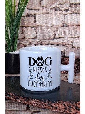 Dog Kisses Fix Everything Yazılı Köpeksever Hediyelik Baskılı T Kulplu Latte Fincanı Kupa Bardak