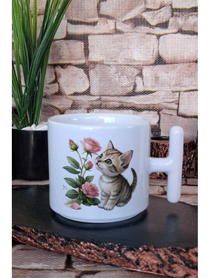 Sevimli Kedi ve Çiçek Temalı Hediyelik Baskılı T Kulplu Latte Fincanı Kupa Bardak
