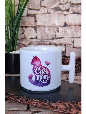 Cat Mom Temalı Kedi Annesi Kedisever Hediyelik Baskılı T Kulplu Latte Fincanı Kupa Bardak