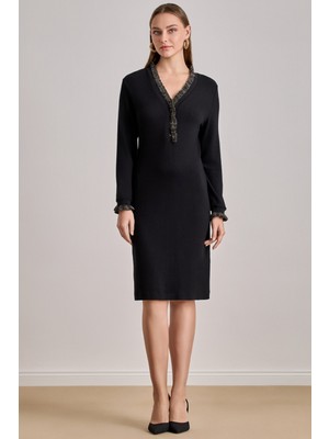 Takma Kol Siyah Örme Elbise