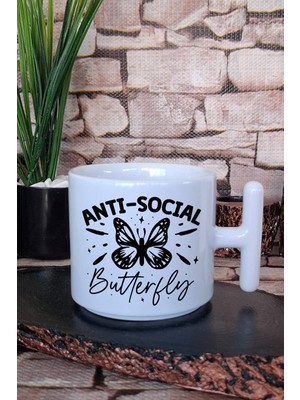 Anti Social Butterfly Baskılı Komik Hediye Baskılı T Kulplu Latte Fincanı Kupa Bardak