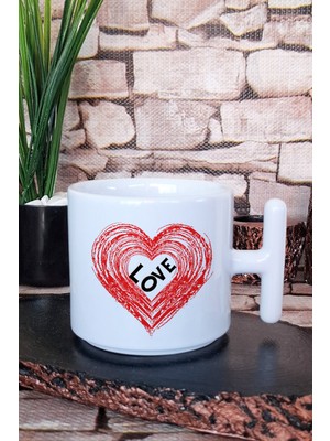 Kalpte Love Baskılı Hediyelik T Kulplu Latte Fincanı Kupa Bardak