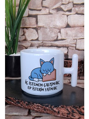 Iç Istemem Çalışmak Sevimli Kedi Baskılı Eğlenceli Komik Hediye T Kulplu Latte Fincanı Kupa Bardak
