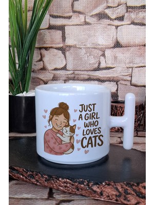 Just A Girl Who Loves Cats Baskılı Kedi Hediyelik Baskılı T Kulplu Latte Fincanı Kupa Bardak