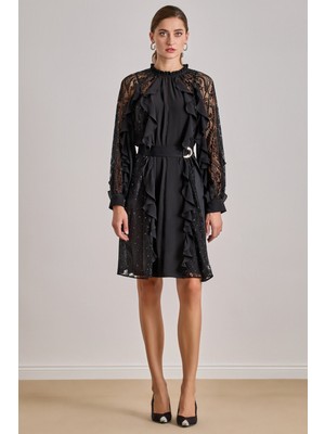 Dökümlü Siyah Krep Elbise