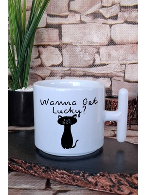 Wanne Get Lucky Şans Kedisi Baskılı Eğlenceli T Kulplu Latte Fincanı Kupa Bardak