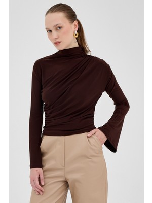 Acı Kahve Balıkçı Yaka Drapeli Bluz 2517