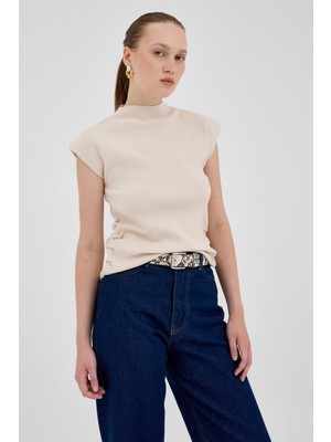 Ekru Drapeli Yüksek Yaka Uzun Kollu Bluz 2379