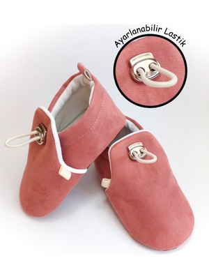 Pembe Kadife Kaydırmaz Taban, Ayarlanabilir Lastikli Bebek Patik, Kreş Ayakkabısı, Ev Botu Panduf