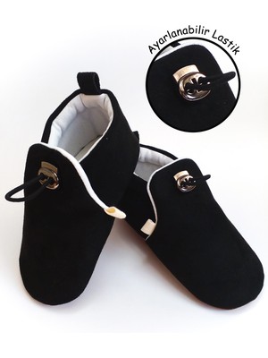 Siyah Kadife Kaydırmaz Taban, Ayarlanabilir Lastikli Bebek Patik, Kreş Ayakkabısı, Ev Botu Panduf