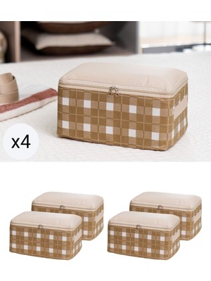 Dört Parça Bej Kare Ekose Valiz Düzenleyici Seti 30X20X15 cm