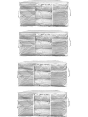 4'lü Gri Çizgili Sandık Tipi Hurç, Maxi Boy, 75X40X40, Yastık, Yorgan, Çok Amaçlı