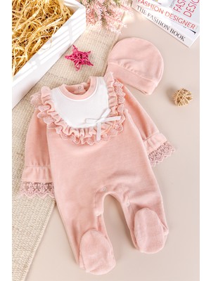 Güpürlü Pamuklu Kışlık Kadife Kız Bebek Tulum Set