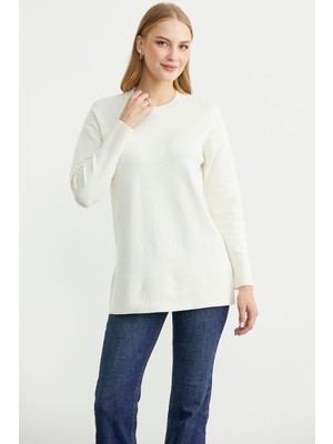 Kol Detaylı Sıfır Yaka Tunik Triko Kazak - Kemik