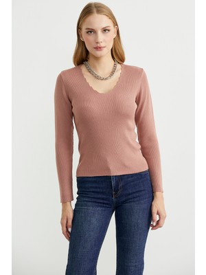 Fitilli Basic V Yaka Triko Kazak - Gül