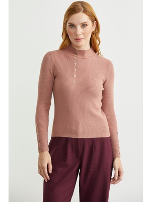 Fitilli Dik Yaka Basic Triko Kazak - Gül