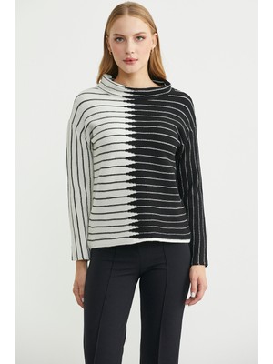 Dik Yaka Kontrast Triko Kazak - Kemik