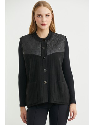 Sıfır Yaka Kapitoneli Düğmeli Triko Yelek - Siyah