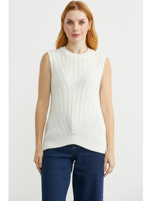 Arkası Uzun Bisiklet Yaka Yünlü Triko Süveter - Kemik