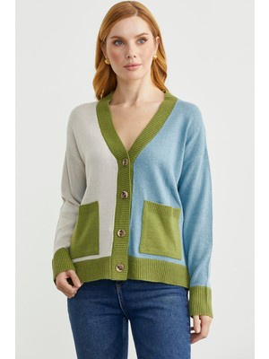 Renk Geçişli Oversize Yünlü Triko Hırka - Açık Mavi