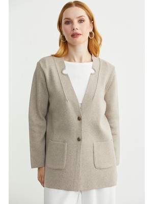 Düğmeli Cep Detaylı Yünlü Triko Ceket - Vizon