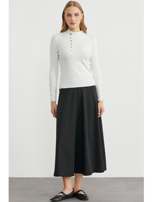 Fitilli Dik Yaka Basic Triko Kazak - Kemik