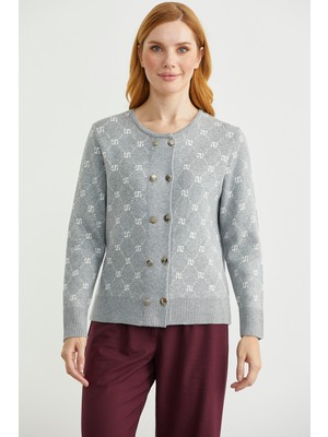 Logolu Düğme Detaylı Triko Hırka - Gri