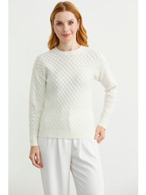 Motifli Sıfır Yaka Triko Kazak - Kemik