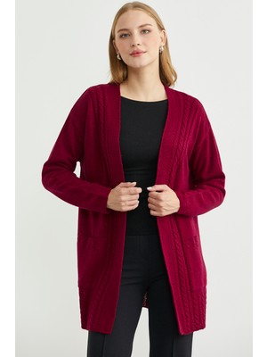 Büyük Beden Cepli Uzun Triko Hırka - Bordo