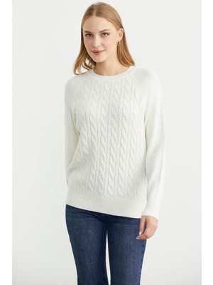 Motifli Daire Yaka Triko Kazak - Kemik