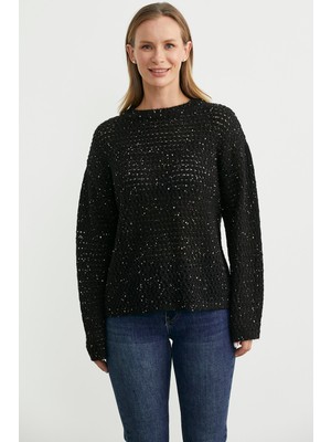 Payetli File Motif Triko Kazak - Siyah