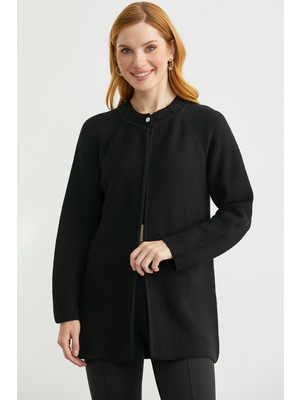 Sıfır Yaka Yünlü Uzun Triko Hırka - Siyah