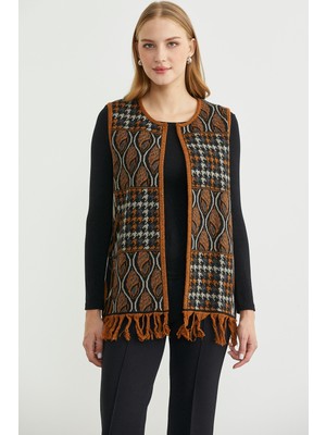 Desenli Bohem Yünlü Triko Yelek - Siyah
