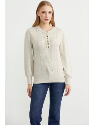 Yarım Düğmeli Yuvarlak Yaka Triko Kazak - Taş