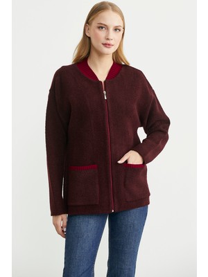 Fermuarlı Cep Detaylı Yünlü Triko Ceket - Bordo