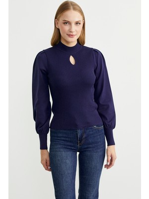 Dik Yaka Balon Kol Triko Kazak - Lacivert