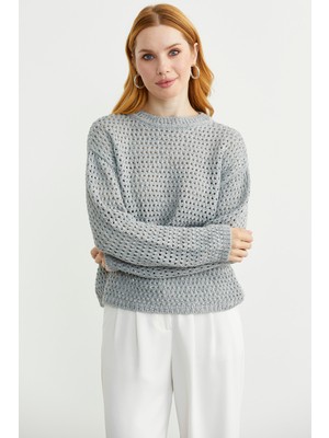 Payetli File Motif Triko Kazak - Gri