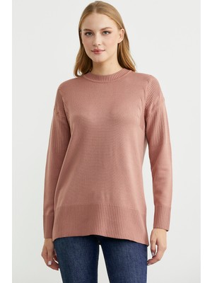 Kol Detaylı Sıfır Yaka Tunik Triko Kazak - Gül