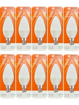 (10 adet) Osaka 9W (70W) Sarı Işık (3000K) E14 Duylu (Ince Duy) LED Mum Ampul