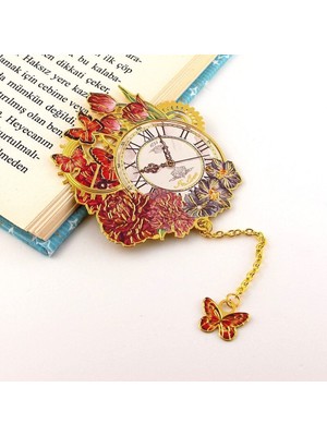 Zamanın Ruhu Retro Saat ve Kelebekler Metal Ayraç Kitap Ayracı AY052