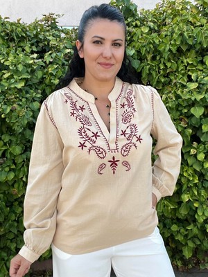 Bordo Nakışlı Keten Bluz