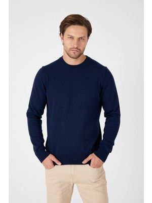 Lacivert Saf %100 Pamuk Erkek Bisiklet Yaka Triko Kazak