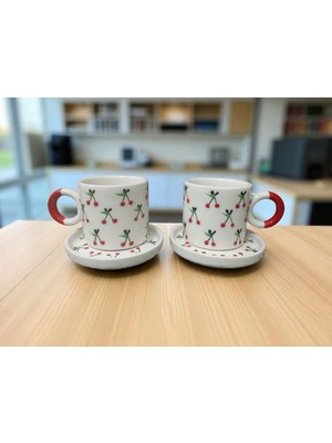 El Yapımı Kiraz Desenli Renkli Kulplu Double Kahve Fincanı 2'li Takım