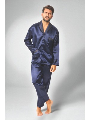 Vip Secret Saten Erkek Pijama Takımı Çeyizlik Damat Seti 2 Parça Alt Üst Uzun Kol Pijama